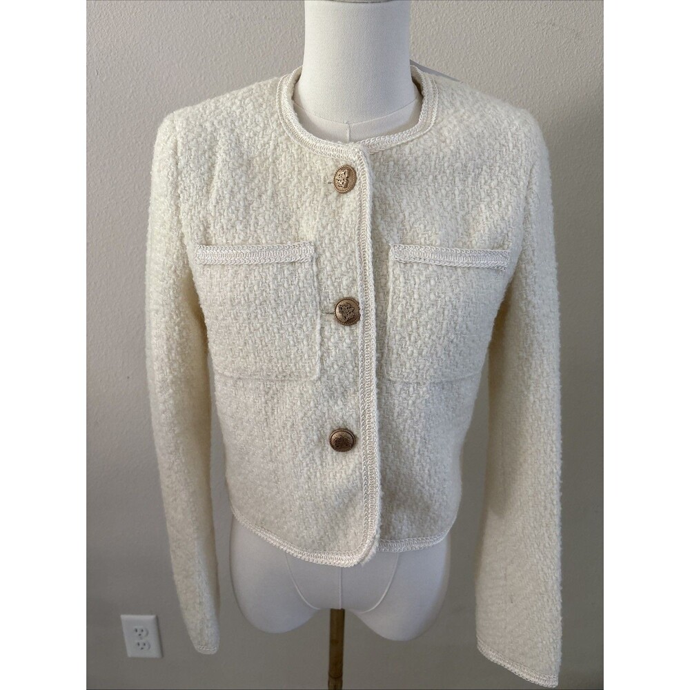 Urban Revivo Women’s Ivory Boucle Tweed Jacket Gold Crest Buttons  Size S NEW